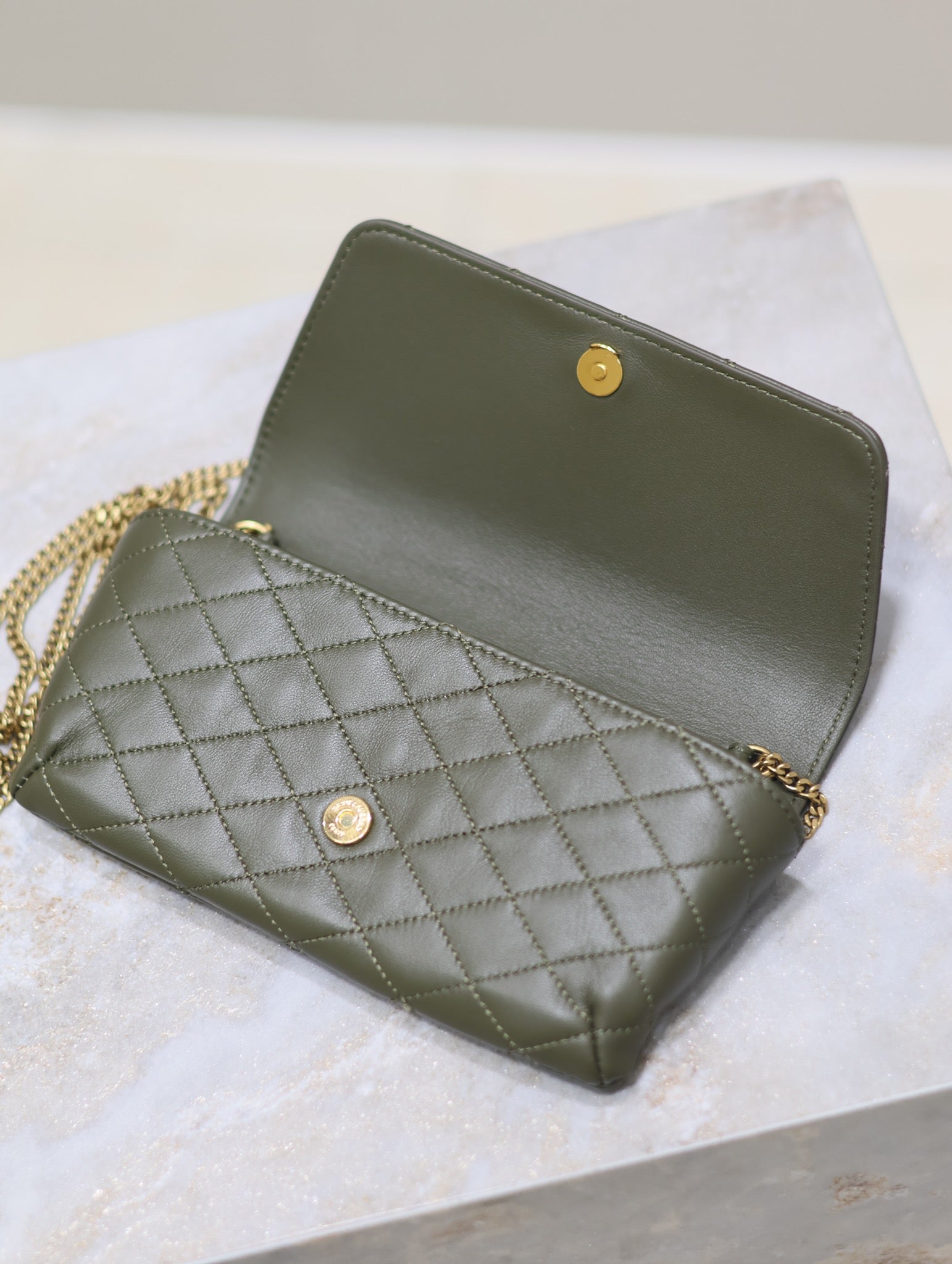 YSL 25S SAINT LAURENT GABY 19 IN DARK OLIVE QUILTED CALFSKIN GOLD HARDWARE