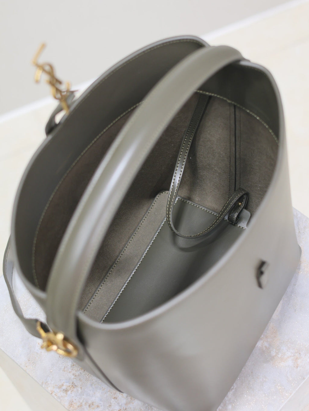 YSL 25S LE 5 À 7 BUCKET 26 IN DARK OLIVE CALFSKIN GOLD HARDWARE