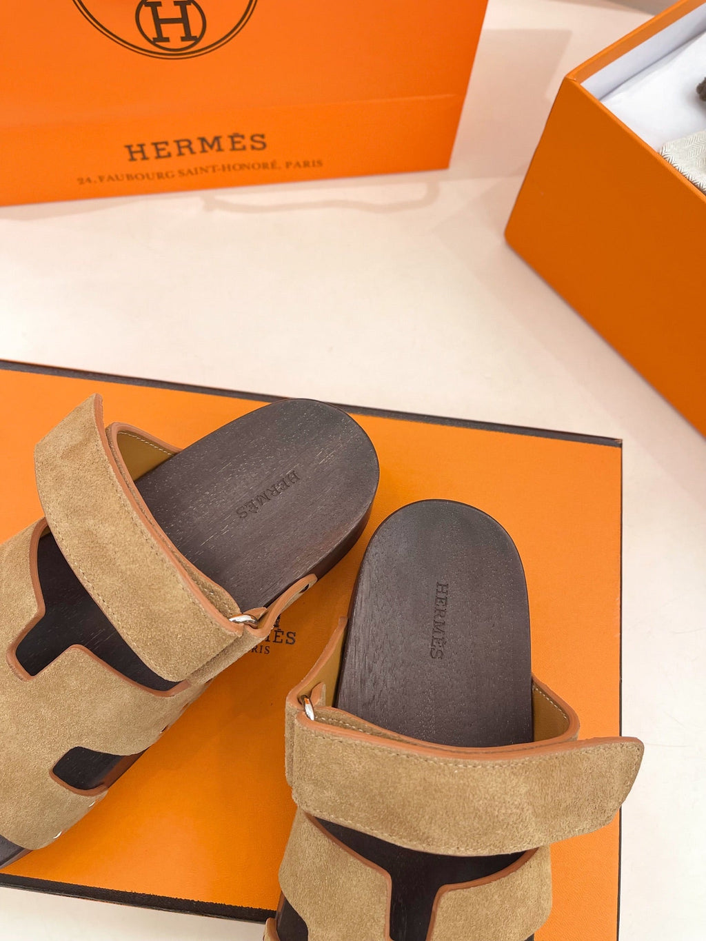 HERMES KOS CLOG IN PEANUT BROWN SUEDE