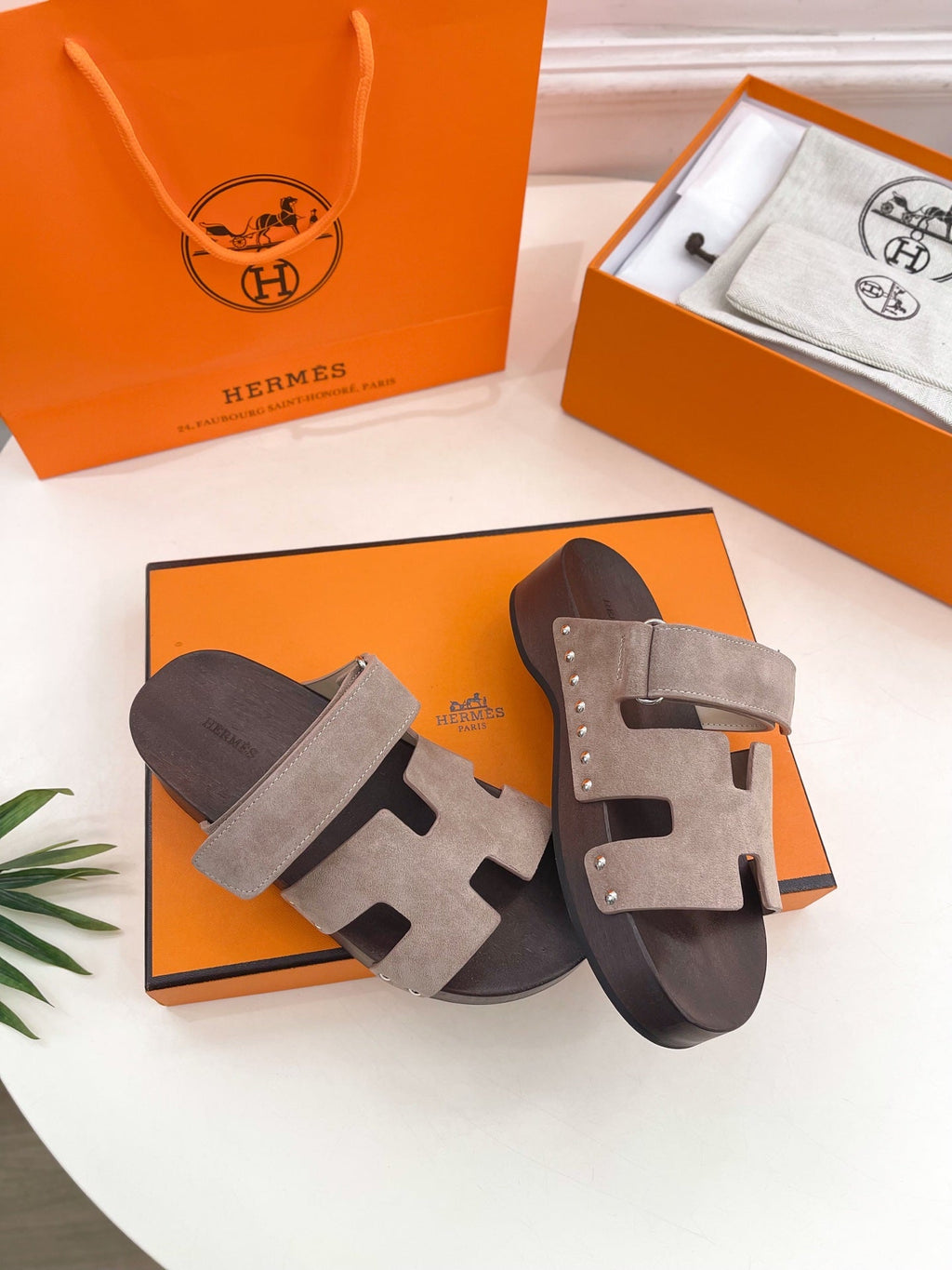 HERMES KOS CLOG IN KHAKI BROWN SUEDE