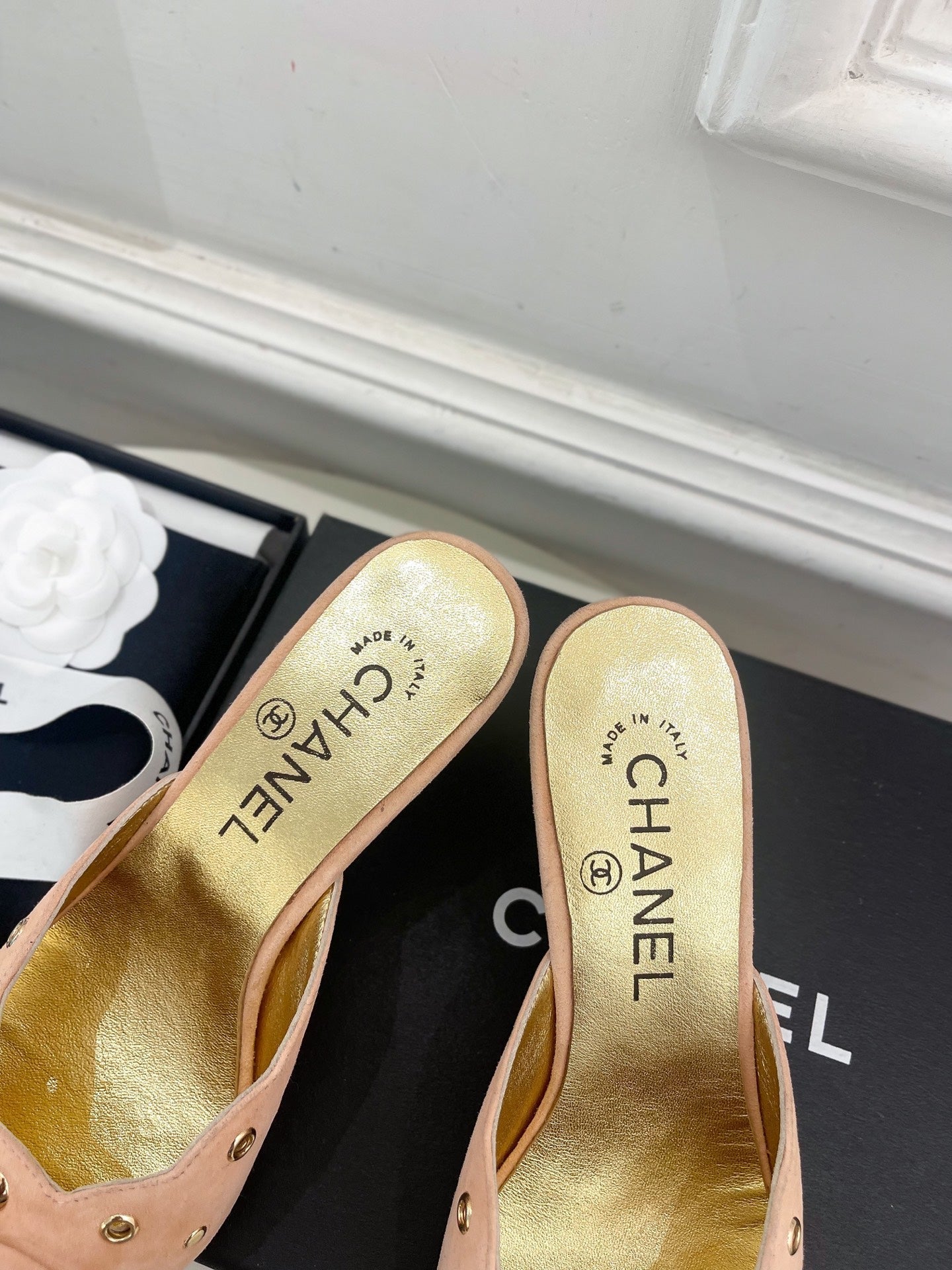 CHANEL HIGH 65 MM MULE IN PEACH PINK SUEDE