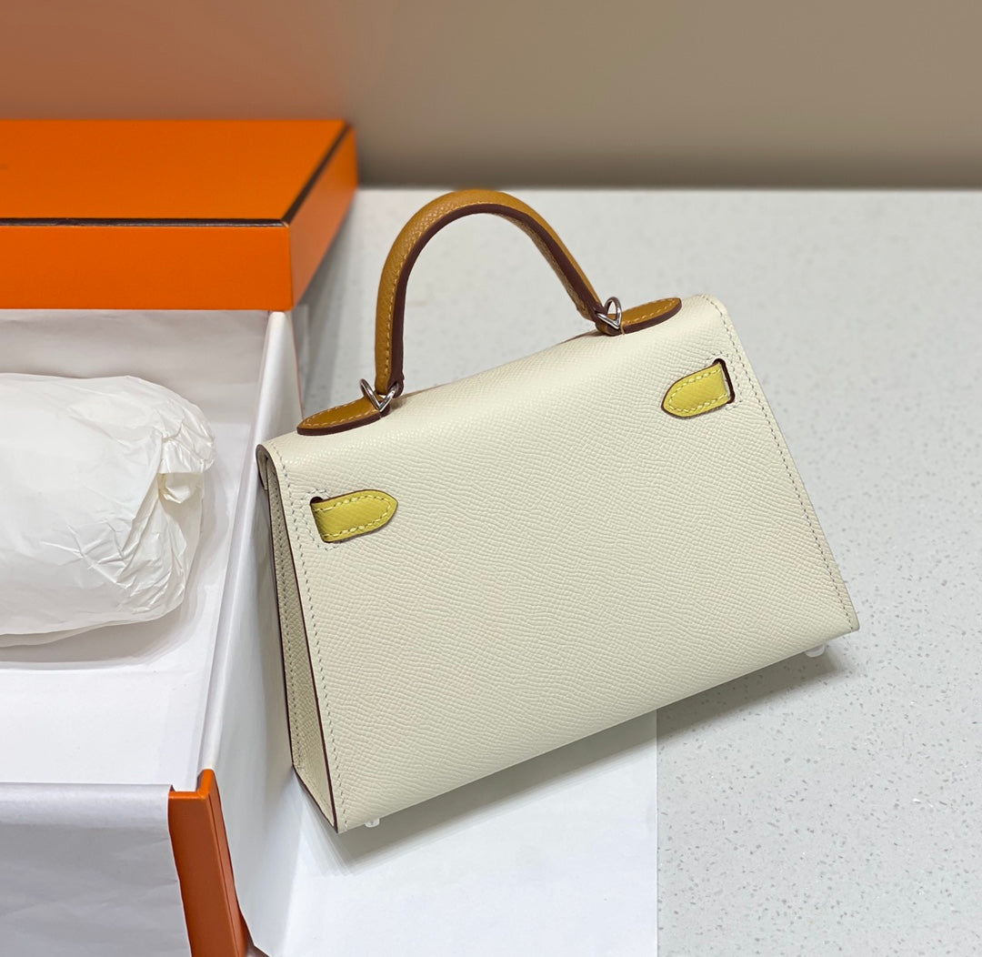 HERMES KELLY MINI 20 WHITE YELLOW BROWN EPSOM SILVER HARDWARE