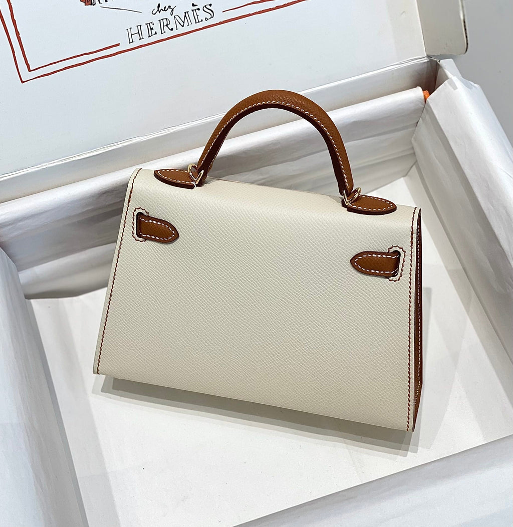 HERMES KELLY MINI 20 WHITE GOLDEN BROWN EPSOM GOLD HARDWARE